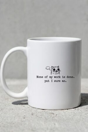 Ceramic mug with cat doodle quote, white coffee cup, funny work desk mug, minimalist line art tea cup, coworker gift, office kitchen mug