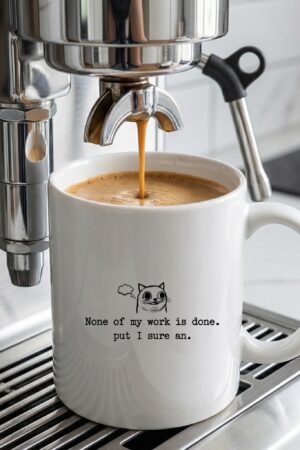Ceramic mug with cat doodle quote, white coffee cup, funny work desk mug, minimalist line art tea cup, coworker gift, office kitchen mug