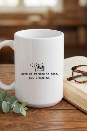 Ceramic mug with cat doodle quote, white coffee cup, funny work desk mug, minimalist line art tea cup, coworker gift, office kitchen mug