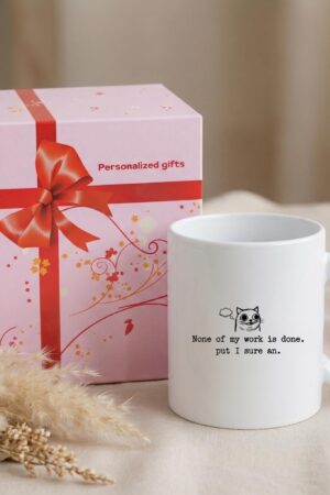 Ceramic mug with cat doodle quote, white coffee cup, funny work desk mug, minimalist line art tea cup, coworker gift, office kitchen mug