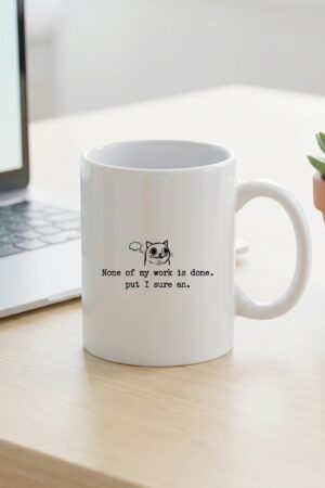 Ceramic mug with cat doodle quote, white coffee cup, funny work desk mug, minimalist line art tea cup, coworker gift, office kitchen mug
