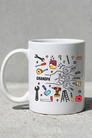 Personalized Grandpa Mug with Kids Names, Handyman Tools Illustration Coffee Cup, Gift for Grandpa