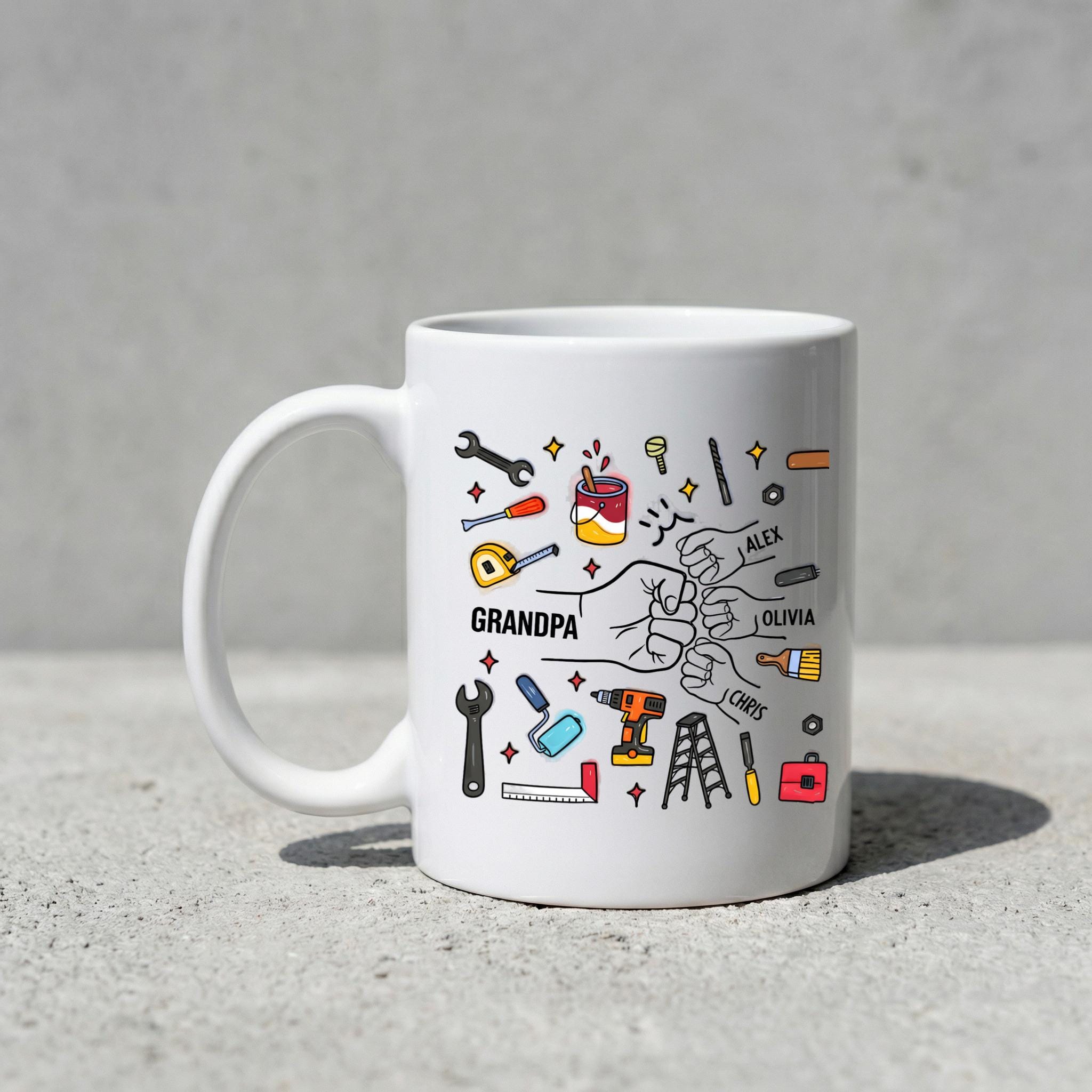 Personalized Grandpa Mug with Kids Names, Handyman Tools Illustration Coffee Cup, Gift for Grandpa - Image 9