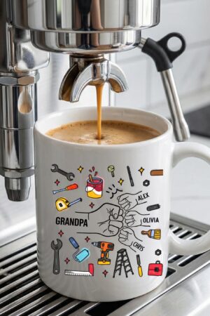Personalized Grandpa Mug with Kids Names, Handyman Tools Illustration Coffee Cup, Gift for Grandpa