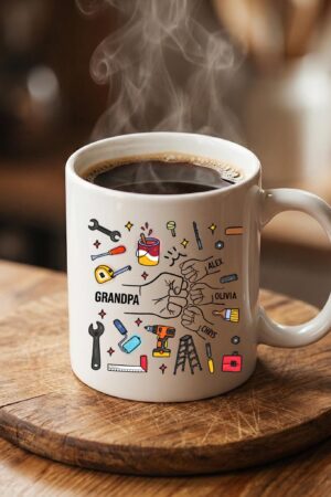 Personalized Grandpa Mug with Kids Names, Handyman Tools Illustration Coffee Cup, Gift for Grandpa