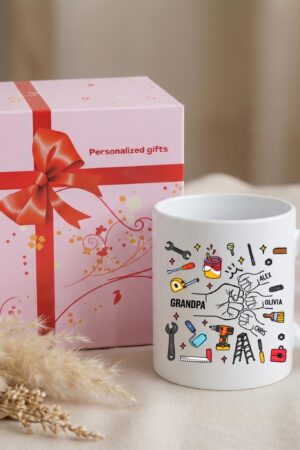 Personalized Grandpa Mug with Kids Names, Handyman Tools Illustration Coffee Cup, Gift for Grandpa