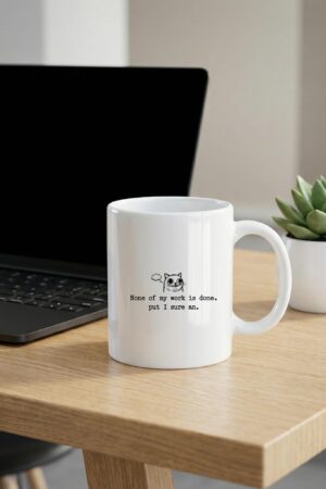 Ceramic mug with cat doodle quote, white coffee cup, funny work desk mug, minimalist line art tea cup, coworker gift, office kitchen mug