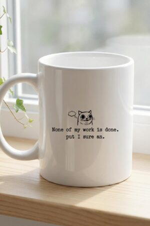 Ceramic mug with cat doodle quote, white coffee cup, funny work desk mug, minimalist line art tea cup, coworker gift, office kitchen mug