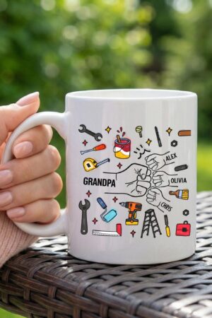 Personalized Grandpa Mug with Kids Names, Handyman Tools Illustration Coffee Cup, Gift for Grandpa