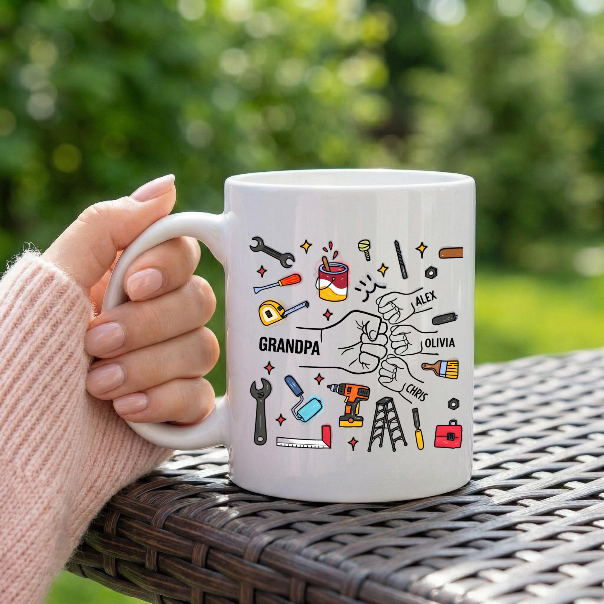 Personalized Grandpa Mug with Kids Names, Handyman Tools Illustration Coffee Cup, Gift for Grandpa