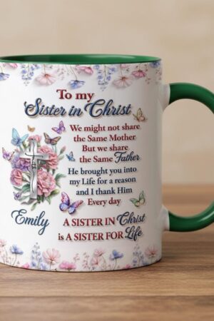 Personalized Grace Accent Mug, Sister In Christ, Christian Coffee Mug with Custom Name & Birth Month Flower, Faith Cross Gift