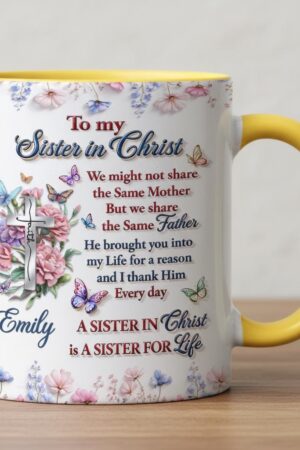 Personalized Grace Accent Mug, Sister In Christ, Christian Coffee Mug with Custom Name & Birth Month Flower, Faith Cross Gift