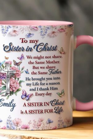 Personalized Grace Accent Mug, Sister In Christ, Christian Coffee Mug with Custom Name & Birth Month Flower, Faith Cross Gift