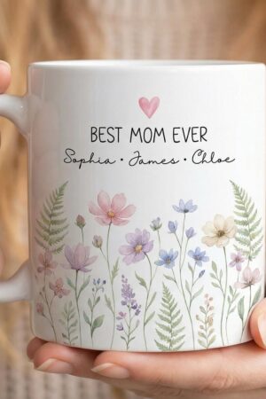 Personalized Mom Mug with Kids Names, Custom Mom Floral Coffee Cup, Mother’s Day Gift, Gift for Mom