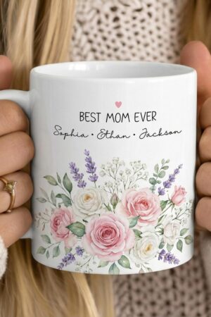 Personalized Mom Mug with Kids Names, Custom Mom Floral Coffee Cup, Mother’s Day Gift, Gift for Mom