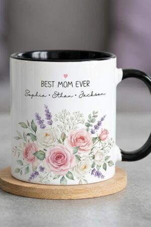 Personalized Mom Mug with Kids Names, Custom Mom Floral Coffee Cup, Mother’s Day Gift, Gift for Mom