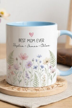 Personalized Mom Mug with Kids Names, Custom Mom Floral Coffee Cup, Mother’s Day Gift, Gift for Mom