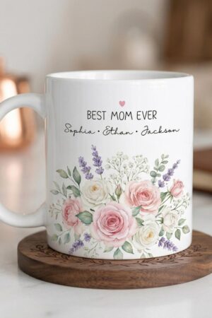 Personalized Mom Mug with Kids Names, Custom Mom Floral Coffee Cup, Mother’s Day Gift, Gift for Mom