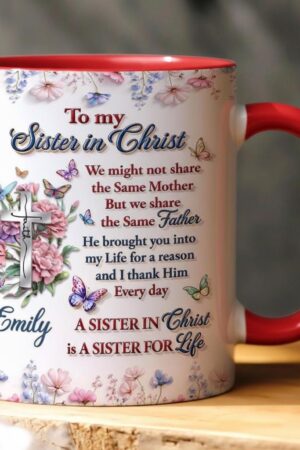 Personalized Grace Accent Mug, Sister In Christ, Christian Coffee Mug with Custom Name & Birth Month Flower, Faith Cross Gift