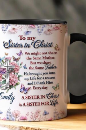 Personalized Grace Accent Mug, Sister In Christ, Christian Coffee Mug with Custom Name & Birth Month Flower, Faith Cross Gift