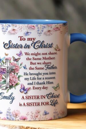 Personalized Grace Accent Mug, Sister In Christ, Christian Coffee Mug with Custom Name & Birth Month Flower, Faith Cross Gift