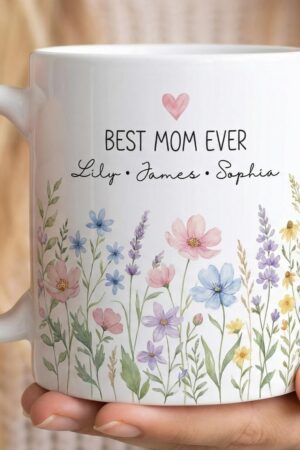 Personalized Mom Mug with Kids Names, Custom Mom Floral Coffee Cup, Mother’s Day Gift, Gift for Mom