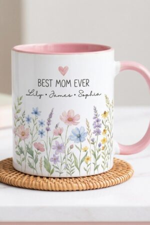 Personalized Mom Mug with Kids Names, Custom Mom Floral Coffee Cup, Mother’s Day Gift, Gift for Mom