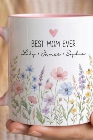 Personalized Mom Mug with Kids Names, Custom Mom Floral Coffee Cup, Mother’s Day Gift, Gift for Mom